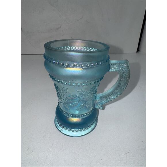 Vintage “Holly Berry” 4-1/2” Ice Blue Carnival Glass Mug St Clair Glass - Picture 1 of 4